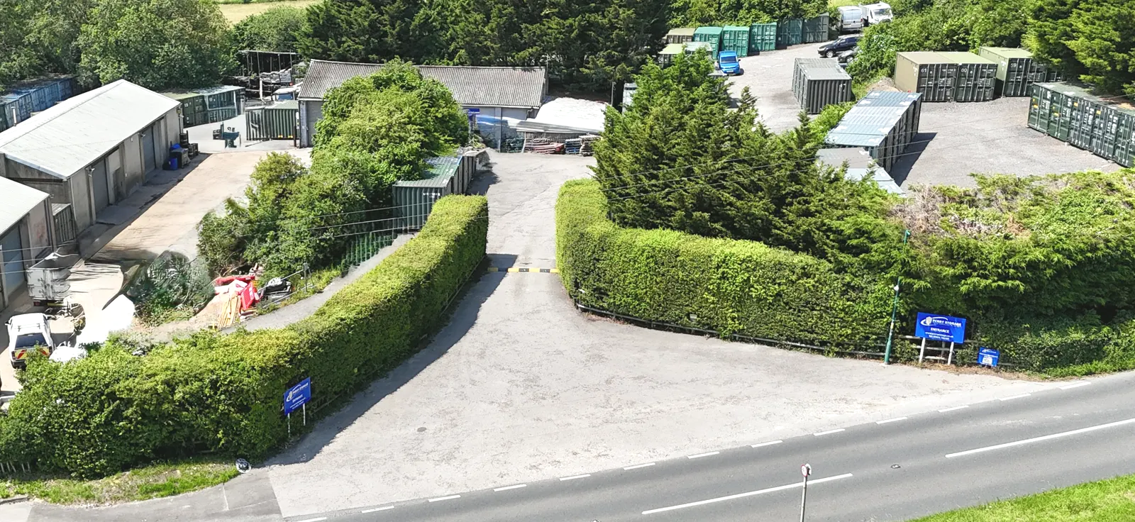 Aerial view over the rows of containers at Perry Storage